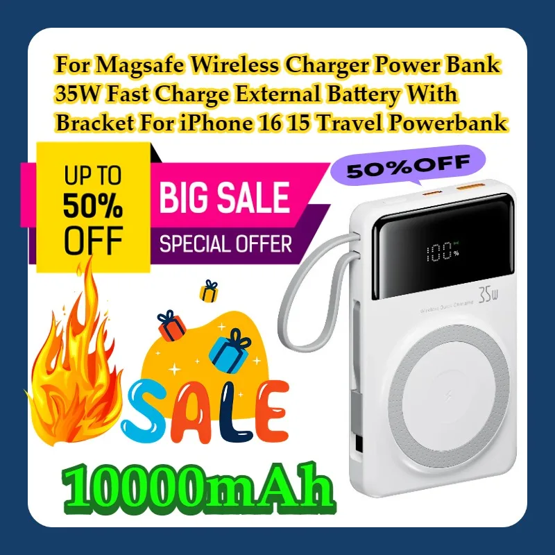 

For Magsafe Wireless Charger Power Bank 35W 10000mAh Fast Charge External Battery With Bracket For iPhone 16 15 Travel Powerbank