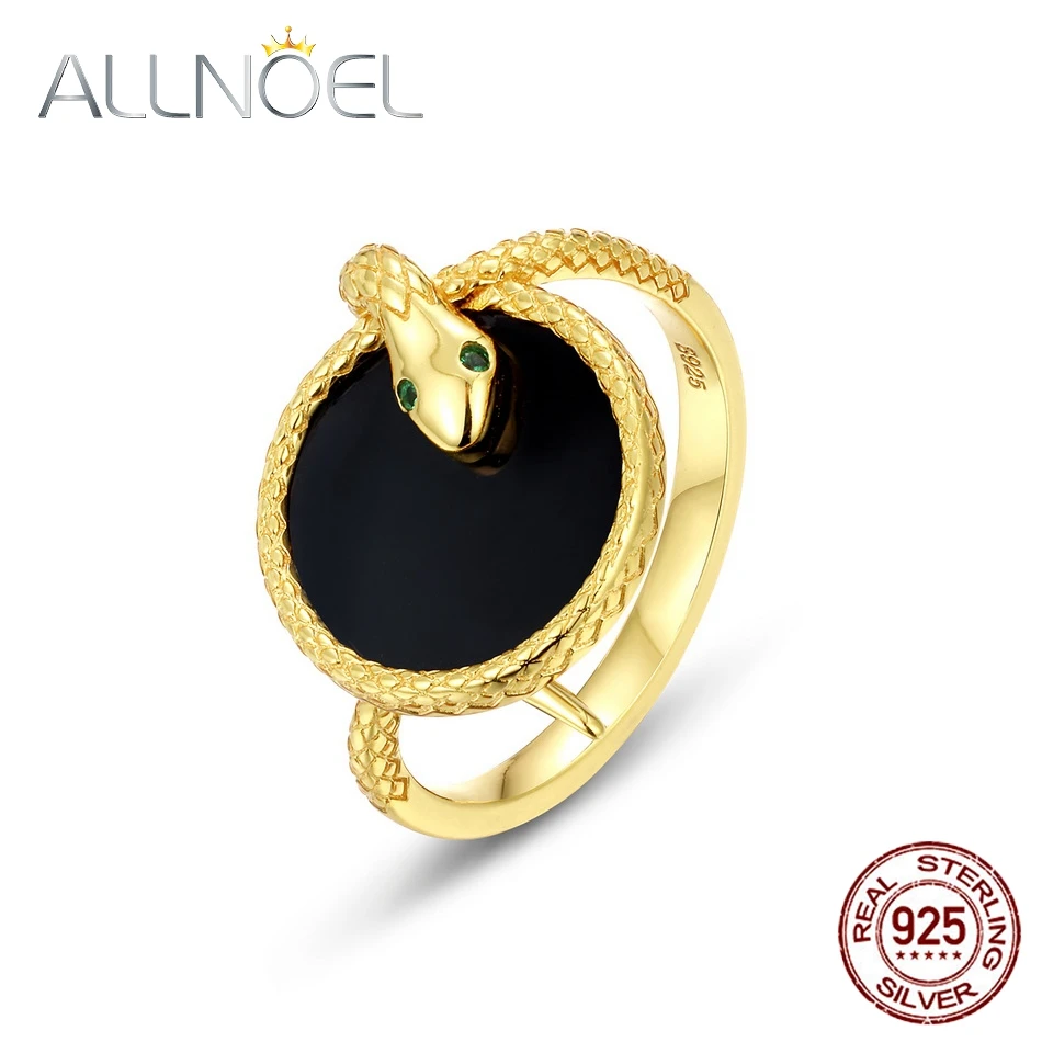 

ALLNOEL Natural Black Agate Snake Animal Open Adjustable Rings 925 Sterling Silver Women Gold Plated Unique Gifts Fine Jewelry