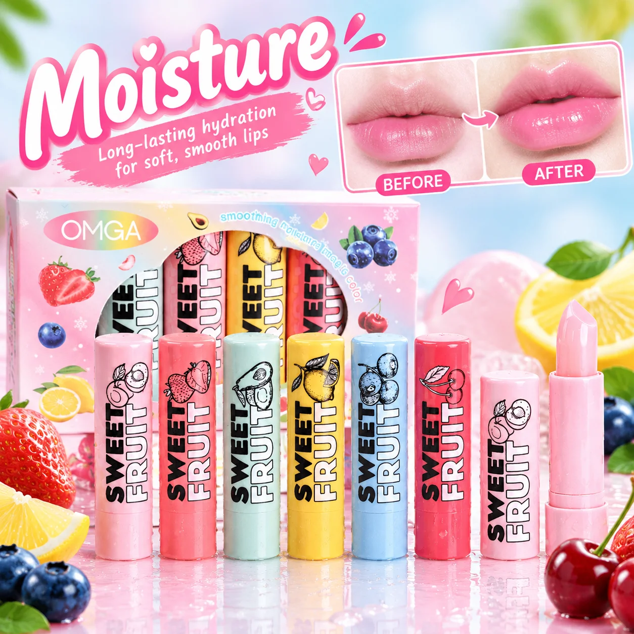 6Pcs Fruit Sweet Fruit Lip Balm Set Temperature Color Changing Lipstick Long Lasting Moisturizing Lip Care Lip Makeup