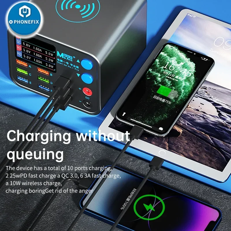 Dianba NO.1 Pro 8 USB Port Type C Wireless Charging Dock QC3.0 Mobile Phone Real-time Current Record Analyzed Test Desktop Hub