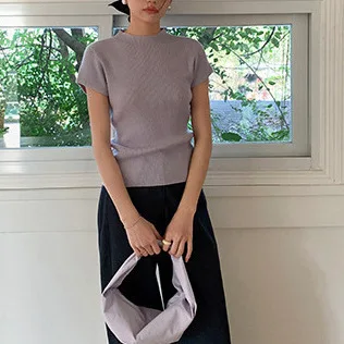 

8033 Solid Color Half Turtleneck Short Sleeve Summer New Cashmere Soft Slim Fit Knitted Top T-Shirt For Women