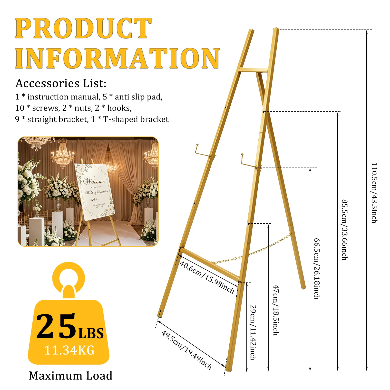 Gold Wedding Sign Easel Stand 4 Layers Height Adjustable Multi-purpose Metal Display Holder for Art Painting Welcome Sign Poster