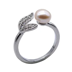 Round Natural Freshwater Pearl Shiny Zirconia Leaf Shape Adjustable Ring