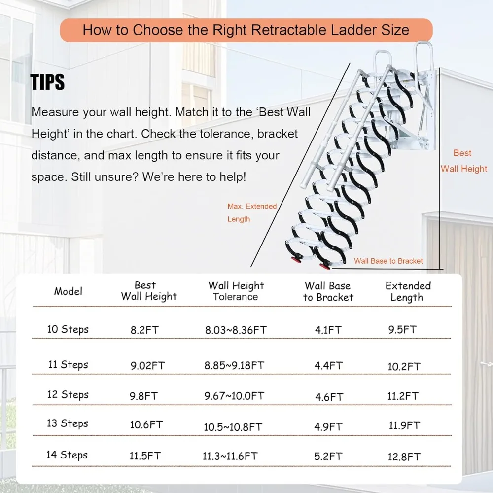 سلالم علية قابلة للطي مثبتة على الحائط: سلم علوي قابل للسحب بطول 11 خطوة وأوسع 4 بوصة مع درابزين مزدوج للوصول إلى الارتفاع #2