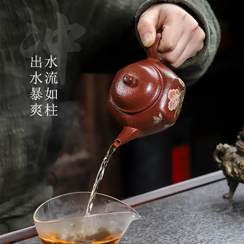 Yixing-中国のお茶セット,手作りの紫色の粘土のティーポット,赤い傾斜した泥の花と香り,カンフー,オリジナルの鉱石
