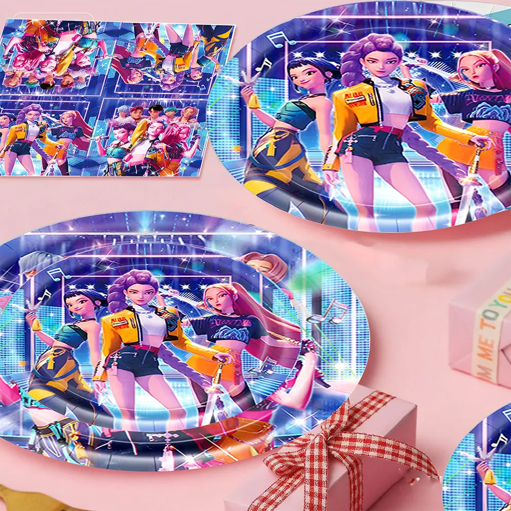 Kpop démon chasseur décoration anniversaire bleu violet fête vaisselle Huntrix Kpop anniversaire décor assiette serviettes tasse ballon boîtes Kit