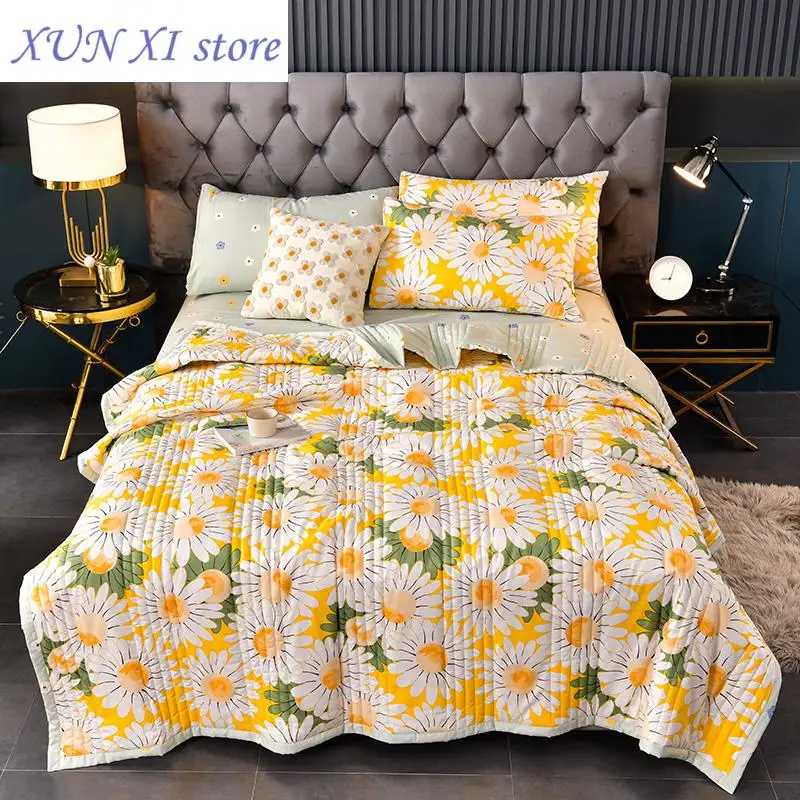 

Summer Washed Cotton Quilt Air-conditioning Comforter Soft Breathable Blanket Thin Leaf Print Bedspread Bed Cover Home Textiles