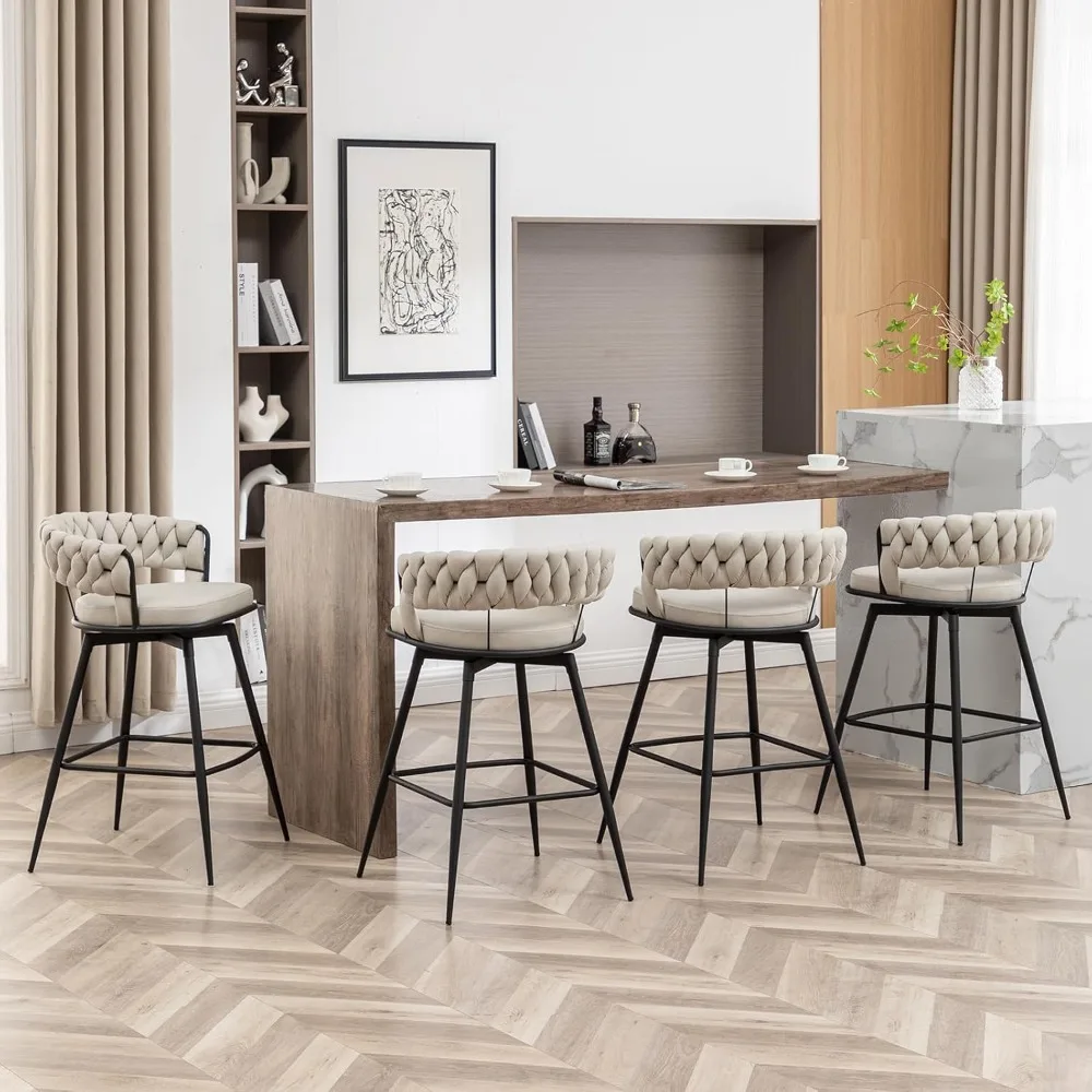 

Counter Height Bar Stools Set of 4, 26 inch Modern Bar Chairs with Woven Back, 360° Swivel Bar Stools for Kitchen Island, Cafe