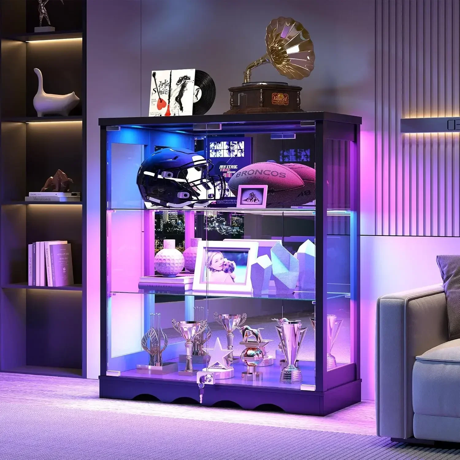 Rgb Display Cabinet Glass Doors Tall Curio Cabinet Lock Adjustable Shelves Tier Display Case Lights Collectibles Lego Figure Hel