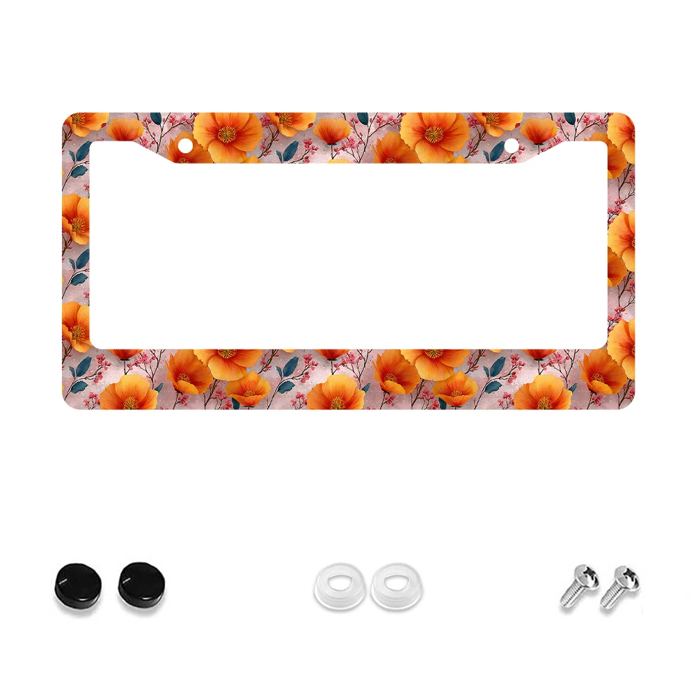 

1 шт., оранжевый цветочный узор, рамка номерного знака с 2 отверстиями, алюминиевый материал, 6x12 дюймов с набором винтажных украшений автомобиля, подарок S