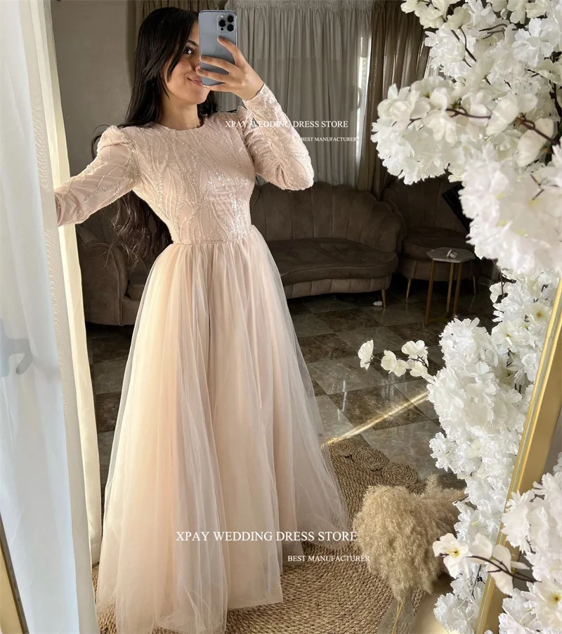 XPAY Modest Glitter Muslim Arabic Customised Long Sleeves Tulle Floor Length Blush Pink Evening Gowns Formal Party Dress