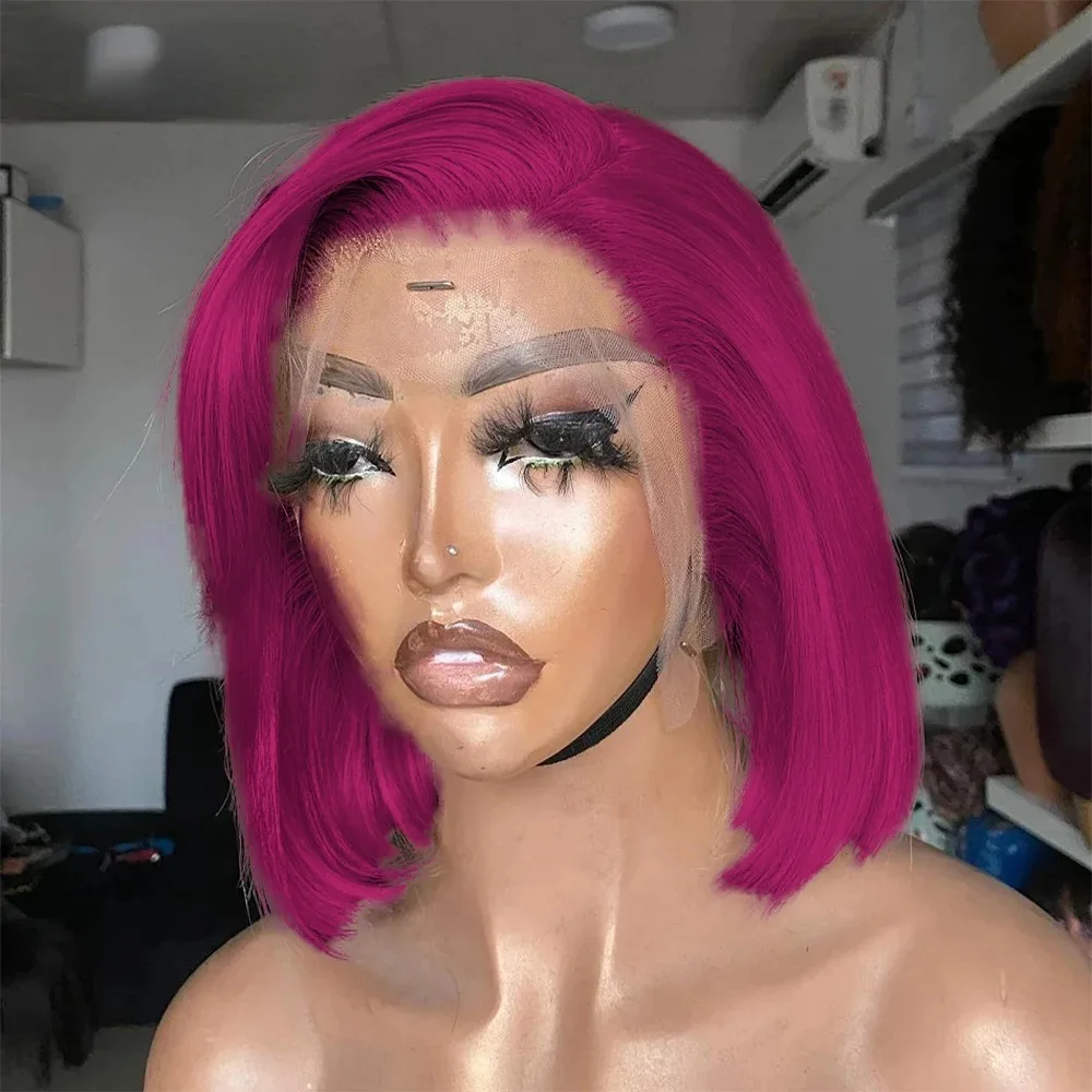 Hot Pink Colored Short Bob Wig 13x4 Lace Frontal Wigs For Women 180% Density Straight Bob Wig synthetic Lace Front Wigs Cosplay