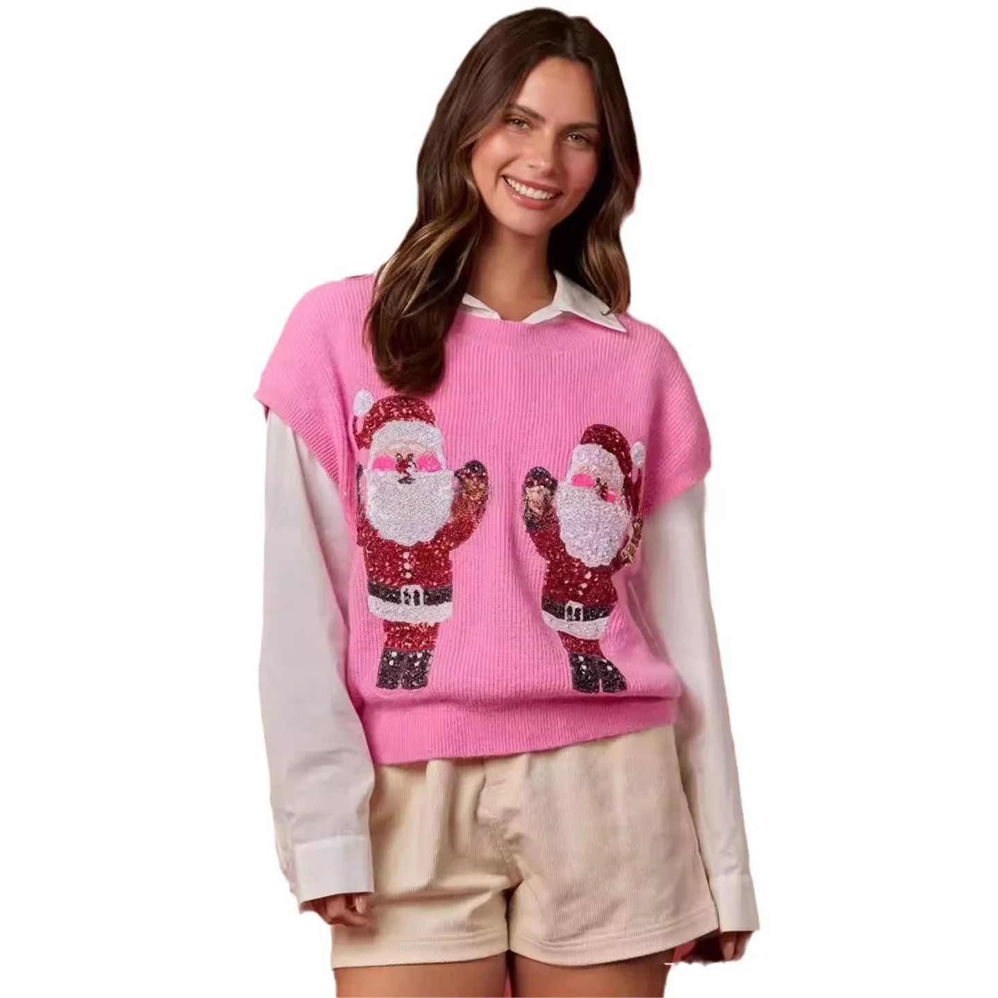 Kamizelka swetrowa z cekinami, dzianinowa, okrągły dekolt, damska, jesień-zima, nowa moda, bez marki, wyprodukowana w Chinach, online E...