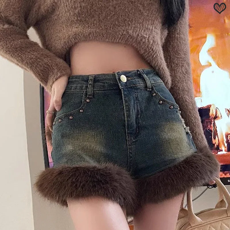 

Warm Winter Fur Trim Women Denim Shorts Blue Distressed Plush Stitch High Rise Casual Booty Pants Vintage Y2k Trousers