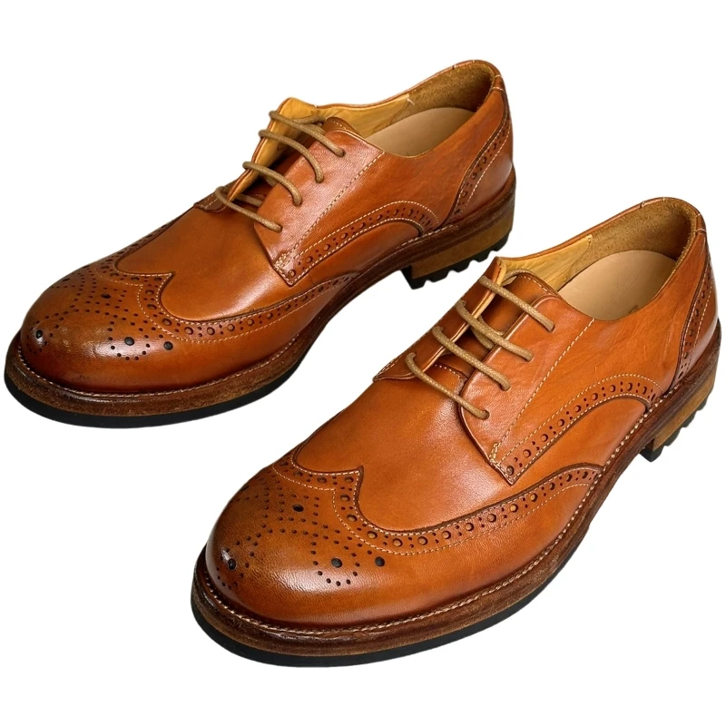 Vintage Leather Shoes Washed Horse Leather Floral Carved Insole  Outsole  Craft Car Oxford Thread Stitching British Style