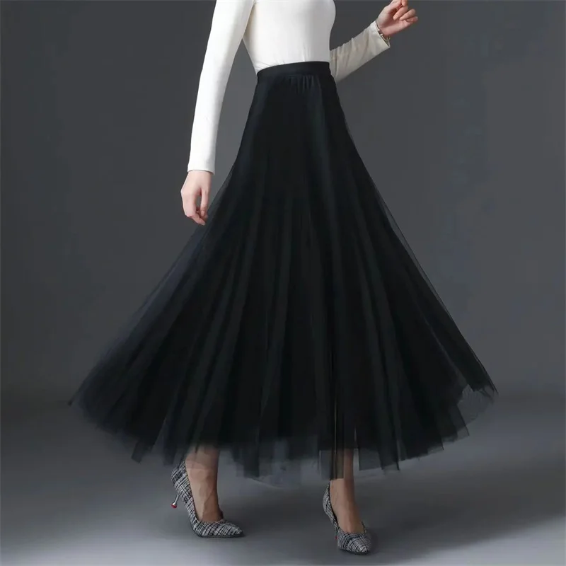 Vintage Tulle jupe femmes Streetwear élastique taille haute maille jupes plissées été élégant coréen une ligne bureau dames jupe nouveau