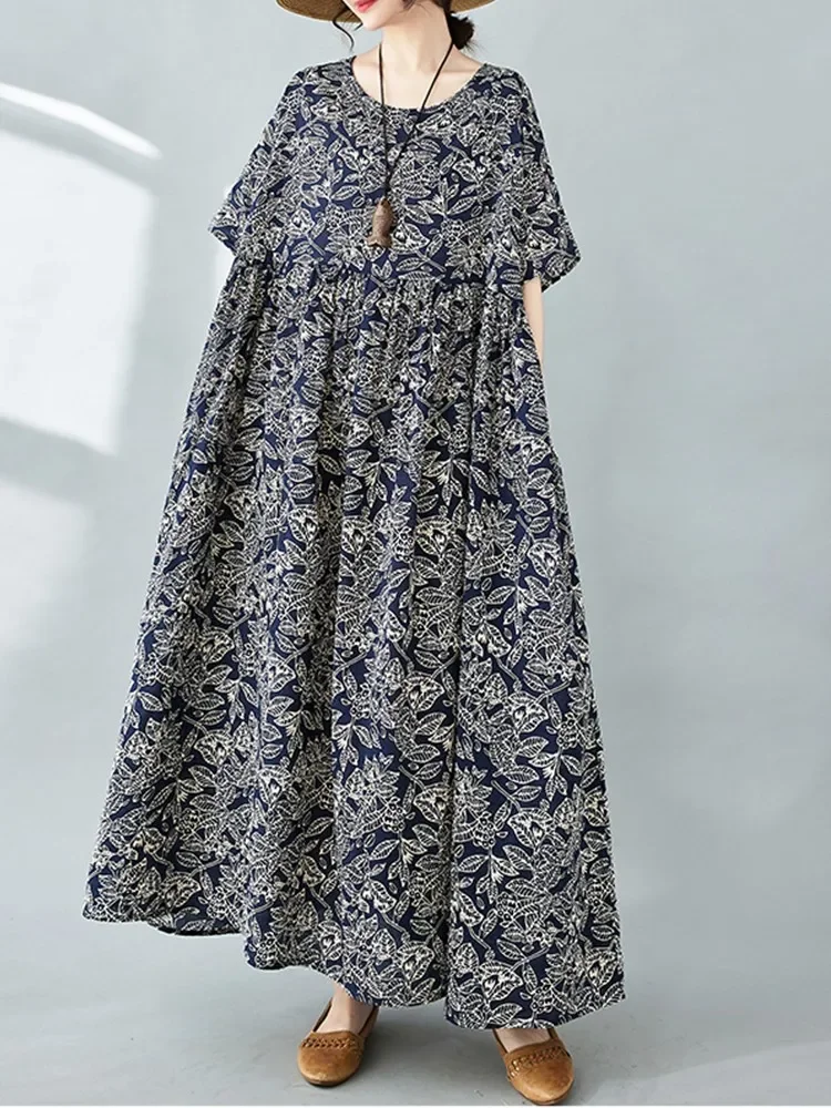 z krótkim rękawem oversize bawełna vintage kwiatowy nowość w sukienkach dla kobiet luźna długa letnia sukienka elegancka odzież 2025