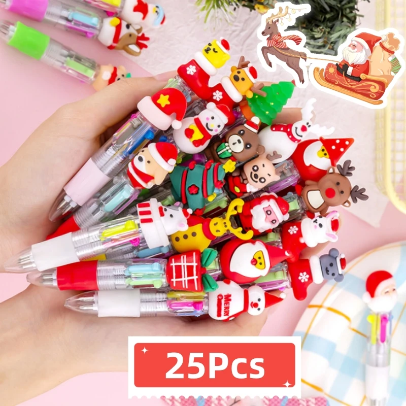 25Pcs/Lot Kawaii Christmas Mini Ballpoint Pen Cute Cartoon Mulitcolor Pens 4 Color Kids School Writing Stationery Supplies Gifts