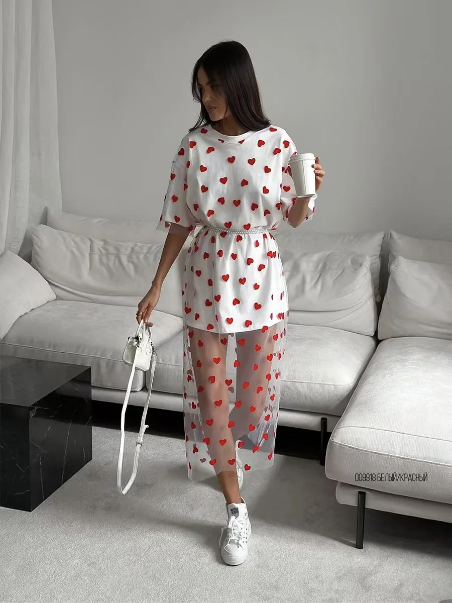 Sexy coeur m'appelle épissure t-shirt Dr femmes été longue Sve ronde Ne a-ligne jupe Sle décontracté confortable Dr