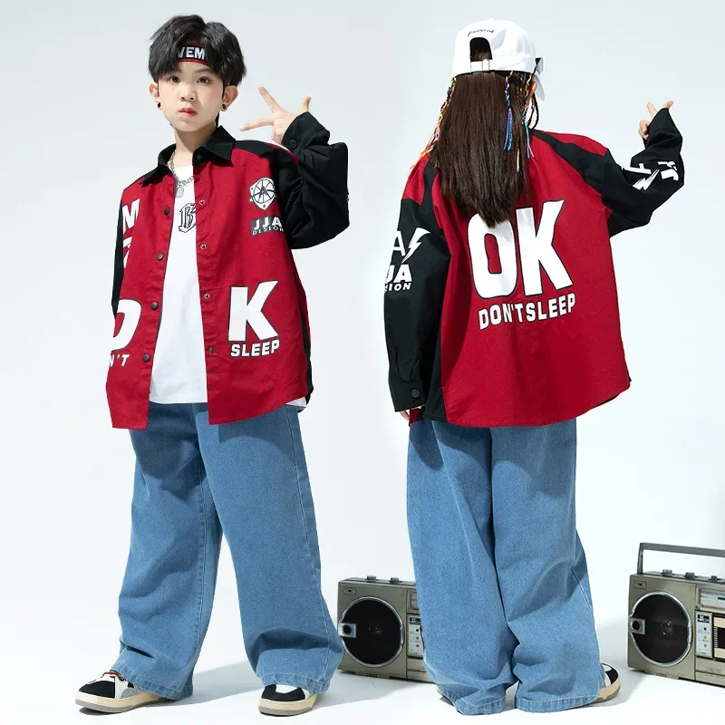 Teenage Hip Hop Clothes Suit Girls Jazz Street Dance Costume Kids Long Sleeve Shirt Denim Pants Sets Ballroom Dancewear Clothing