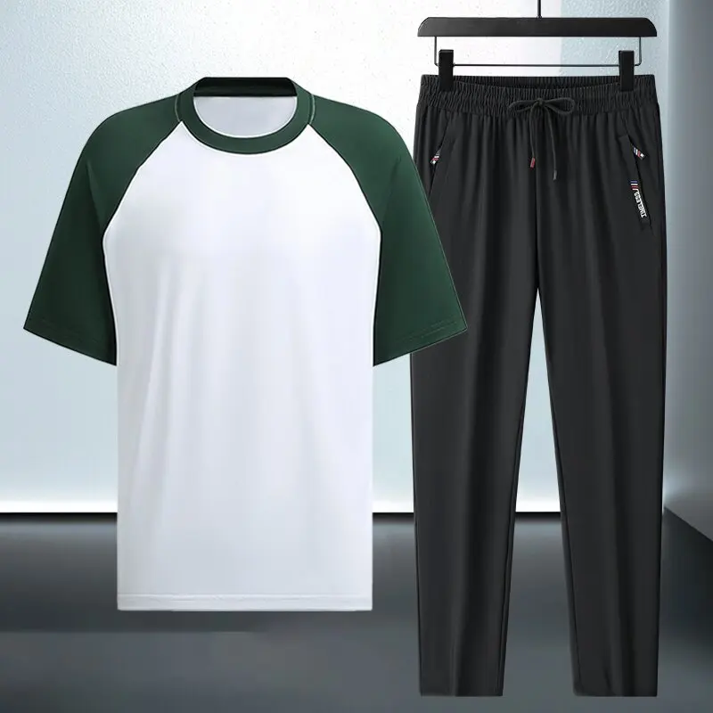 

2025 Summer New Fashion Sports Ice Silk Short Sleeve Pants Suit Men's Loose Large Size Breathable High Quality Two-Piece Set