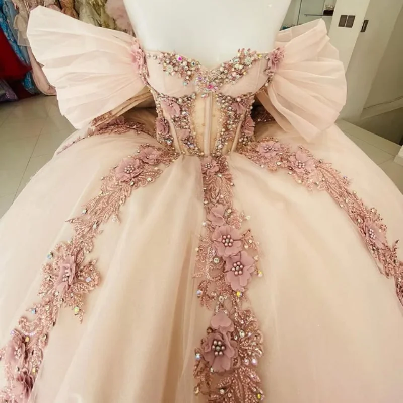 

Light Champagne Quinceanera Dress off-shoulder Glitter 3D flower Decal Bow Vestidos De 15 Quinceanera ﻿Customize