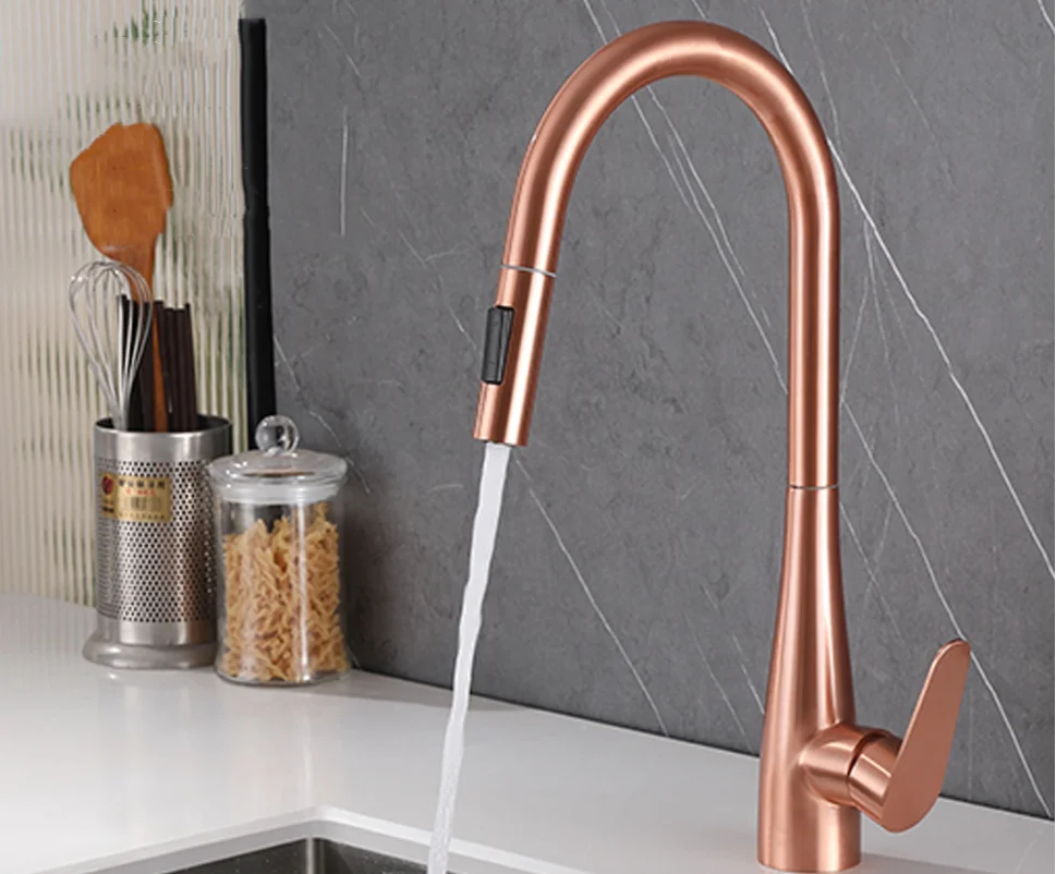 Kitchen Sink Faucet Brush Rose Gold Pull Out Sink Mixer Tap Rotation 304 SUS Mixer Taps Single Lever Hot Cold Kitchen Tap