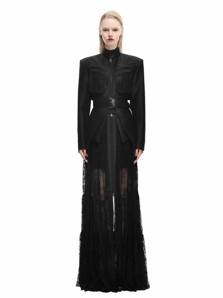 Chaqueta de algodón con cuello levantado y cinturón de PU para mujer, chaqueta cálida de longitud media, chaqueta acolchada con media cremallera, prendas de vestir Parker