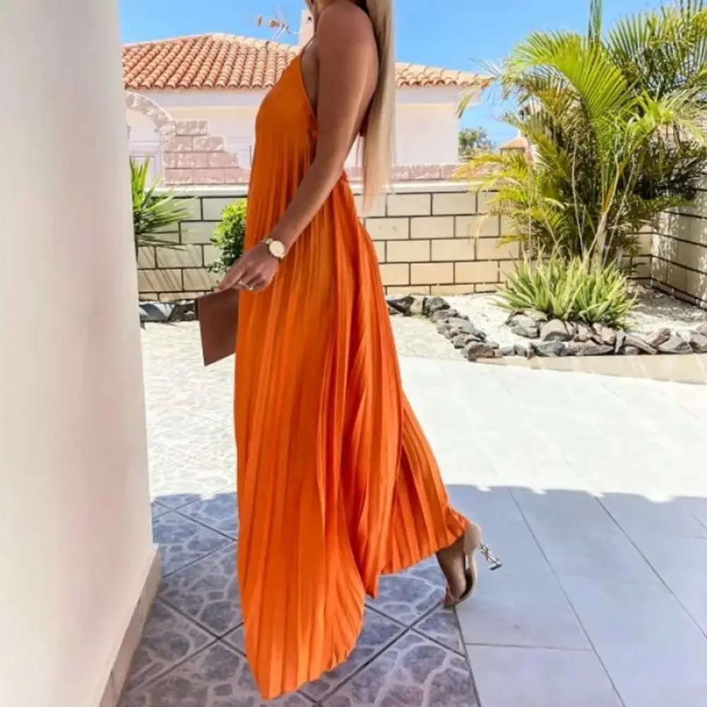 Seksowna Halter długa sukienka Off Shoulder Backless jednokolorowa sukienka Maxi elegancka prążkowana letnia plaża sukienka plisowana odzież damska