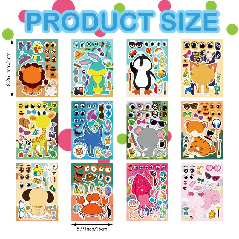 Stickers for Kids DIY Make A Face Stickers Make Your Own Safaris Animal Tiger Lion Rabbit Dog Cartoon Puzzle Toys Birthday Gifts
