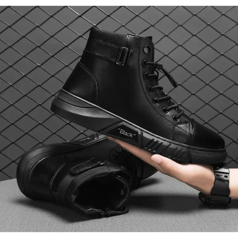 2024 Men\'s High Top Motorcycle Boots Fashion Black Leather Boots New Outdoor Waterproof Platform Boot Men Boots Luxury Designer