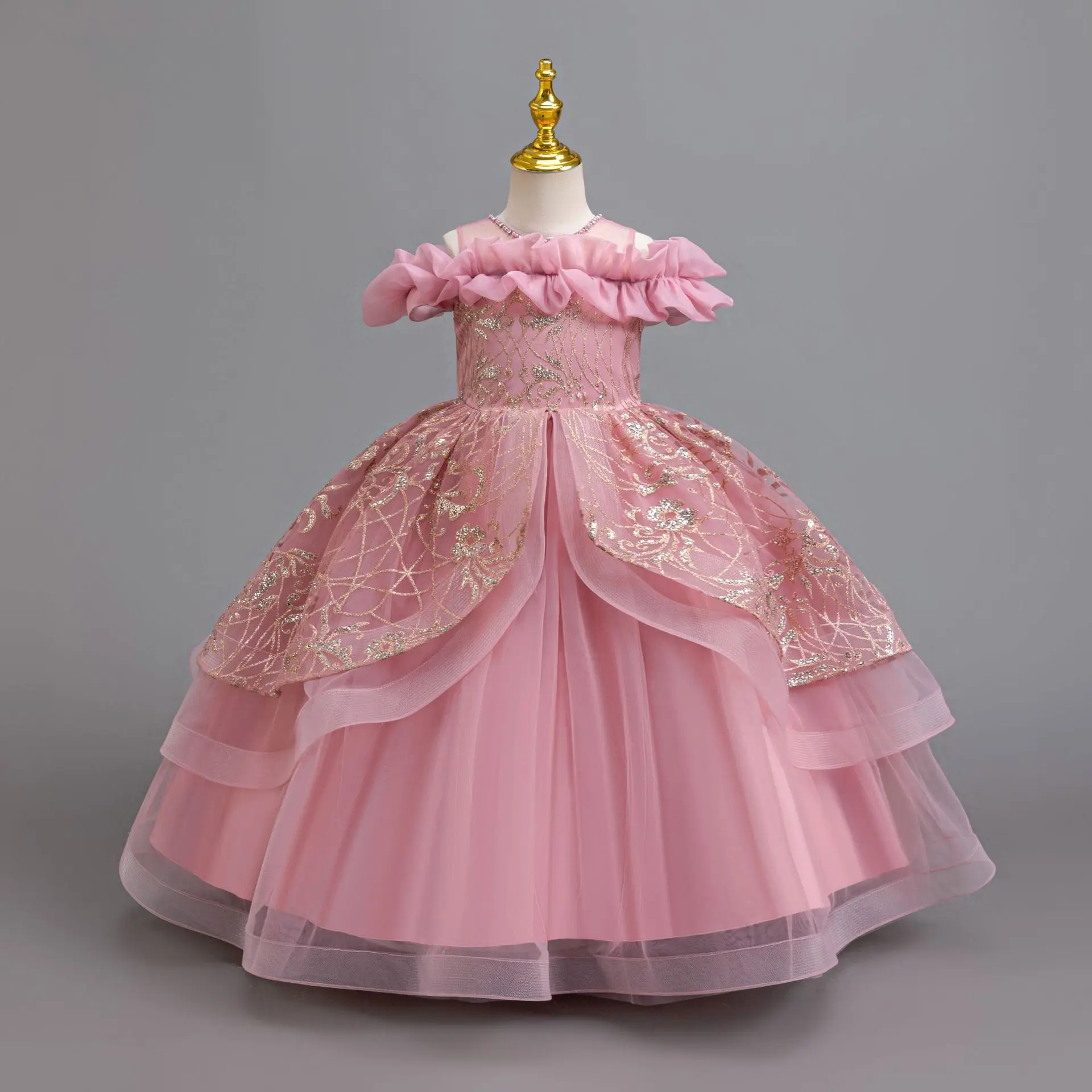 HETISO Elegant Children Party Dress Embroidery Long Wedding Bridesmaid Graduation Ball Gown Ball for Kids Girl 4-12 Years