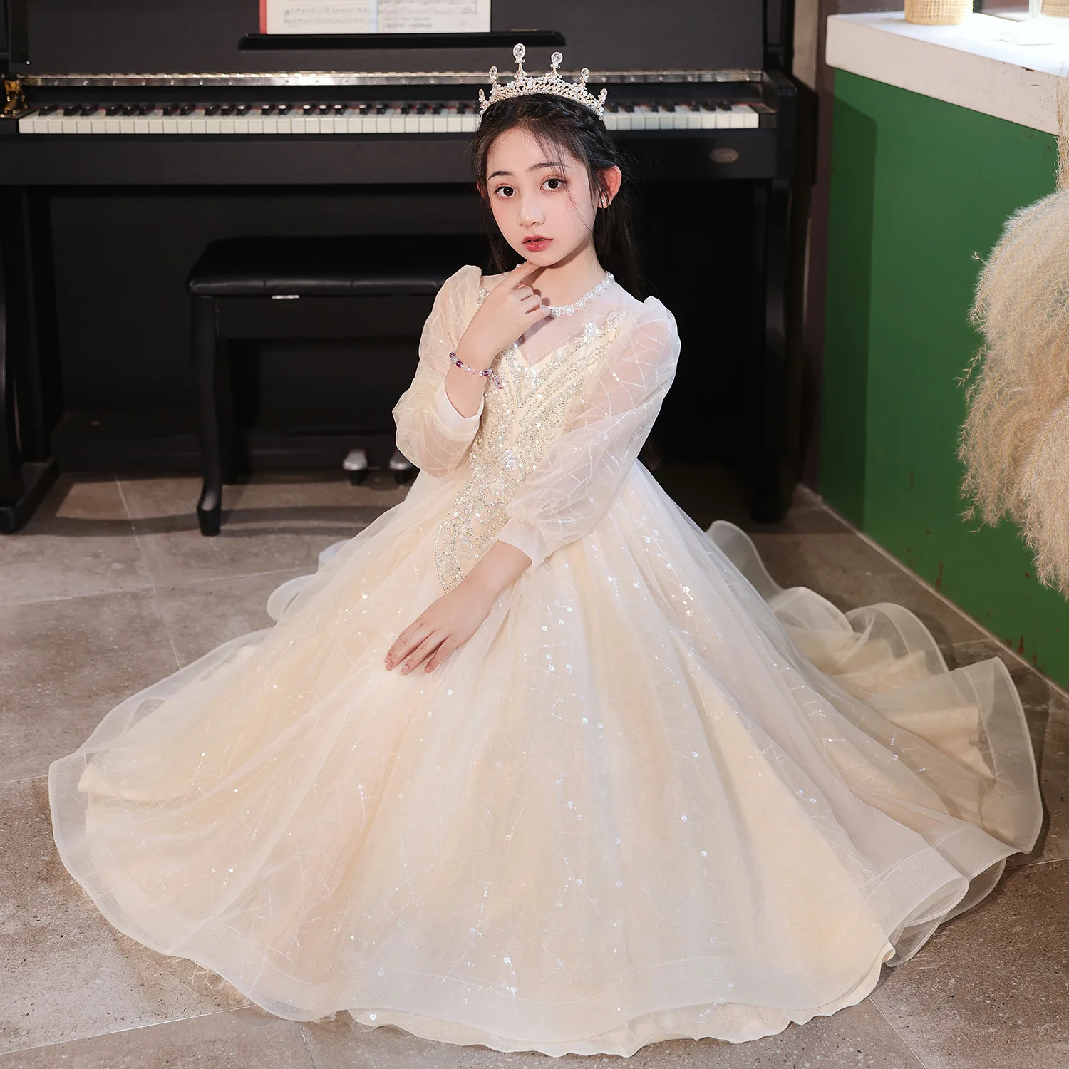 ELBCOS 4-14Y Girls Beading Crew Neck Long Puff Sleeves Solid  Deep V Sequin Straight Skirt Costumes Holiday Princess Party Dress