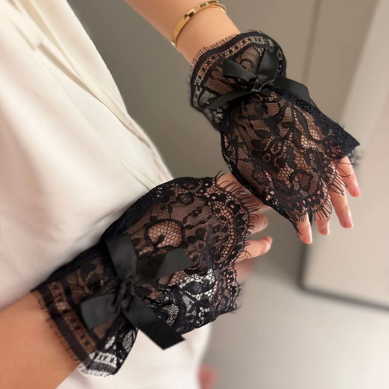 Lace Bowknot Eyelash Wrist Cuffs Lolita Detachable Wristband Decorative Cuffs Sweater Shirt Dress Women Fashion Accessory