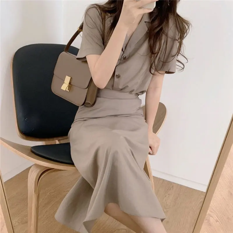 2 Pcs Sets Women Elegant Korean Style Office Ladies Slim Outfits Summer Turn-down Collar Design Simple Daily Tops Skirt Popular