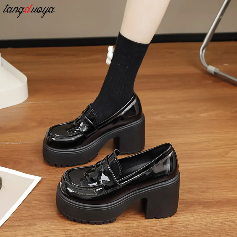 Pu Leather Platform Loafers Woman 2024 Retro British Style Thick Heels Oxfords Shoes Women Slip On College Gothic Lolita Shoes