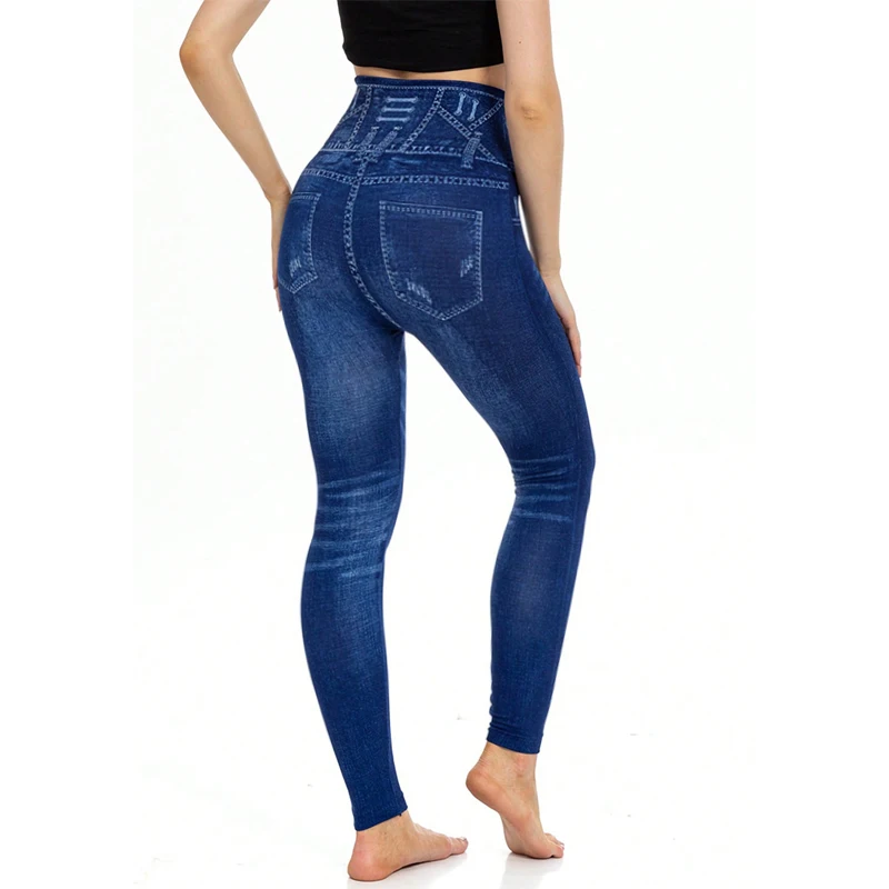 PD474 European and American Casual Fashion Imitation Denim Leggings with High Elasticity Cropped Pants for Women