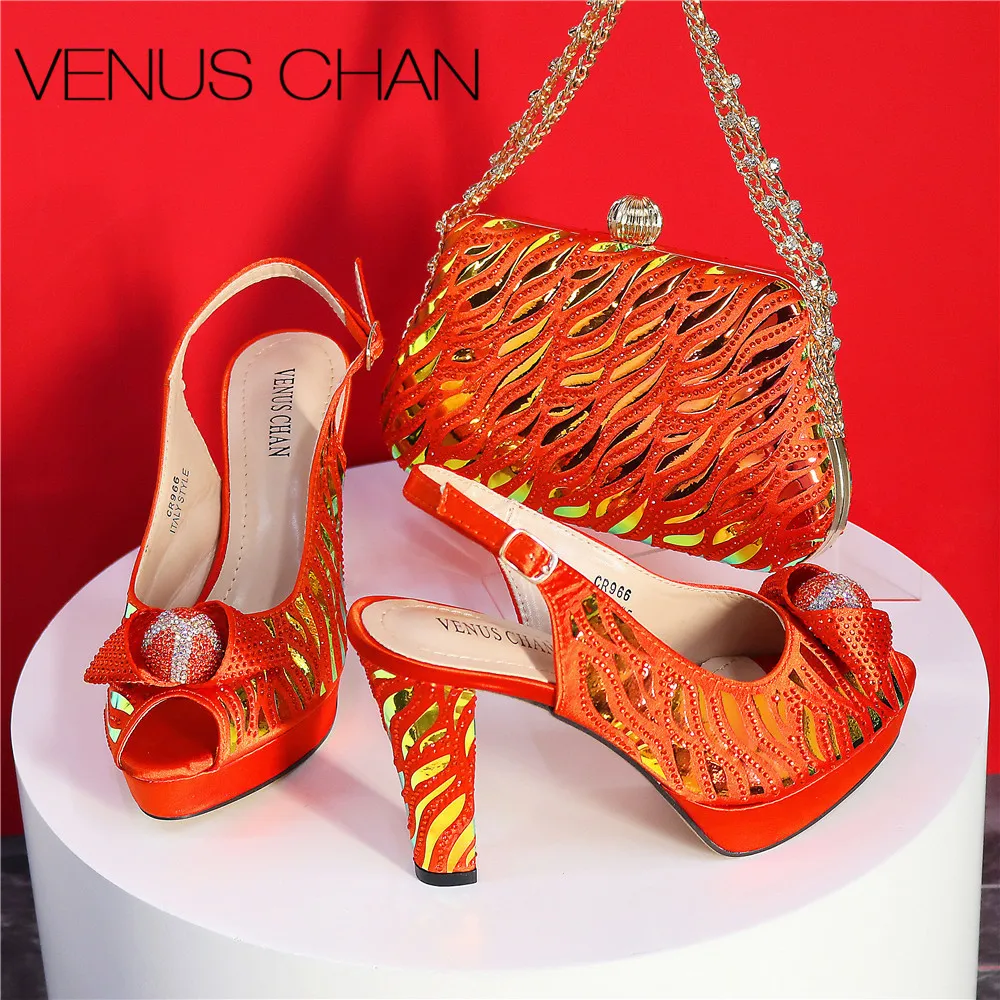 2024 New Arrival Shoes Matching Bag Set in Orange Color Special Heels Sandals Decorated with Crystal For Ladies Wedding Party