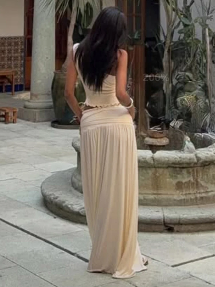 แปลก Puss Ruched Elegant 2 ชิ้นชุดผู้หญิง Skew COLLAR Backless Crop Tops + หัวเข็มขัดโลหะตกแต่งกระโปรงการจับคู่ Solid ชุด