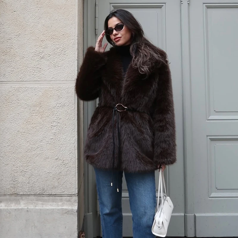 2026 New Winter Hot Brown Belted Faux Fur Coat Women Thick Warm Long Fox Fur Jacket Chic Brand Fashion Girls Furry Overcoat