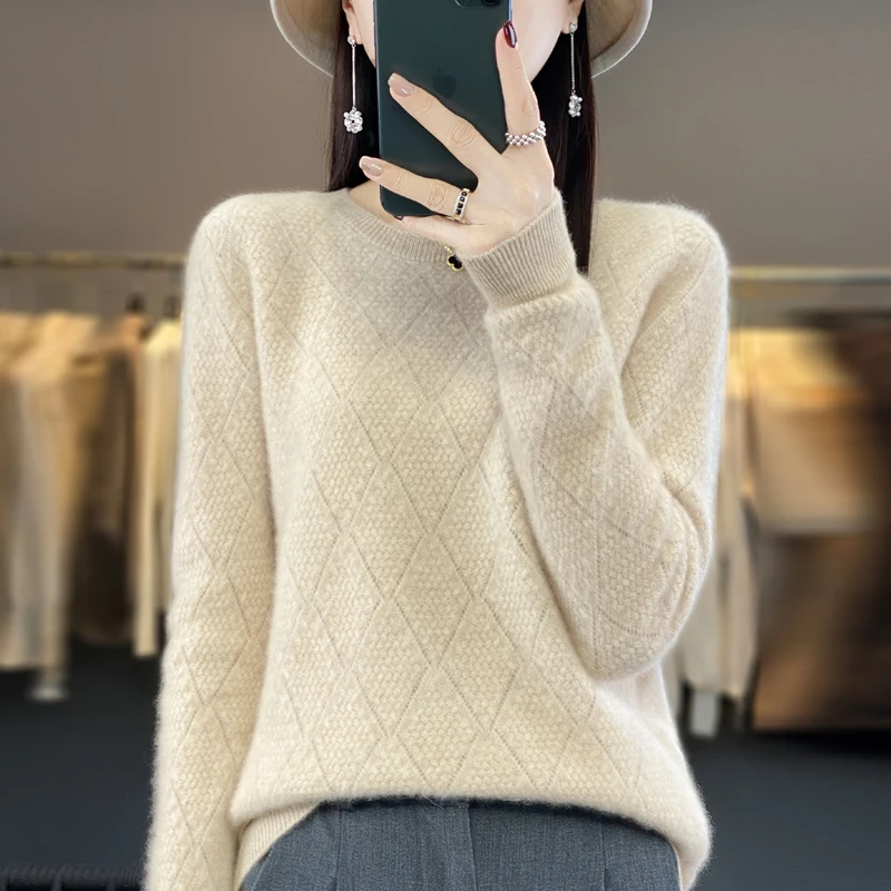 100% Merino Wool Autumn Winter Women\'s Jacquard Sweater Diamond Pattern Round Neck Pullover New Ladies Knitted All-Match Top