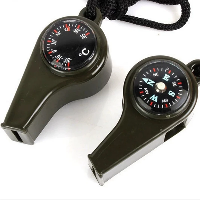 Sifflet de survie d'urgence 3 en 1 pour Camping et randonnée, avec boussole, thermomètre, sifflet d'extérieur, outils de Camping, couleur vert armée