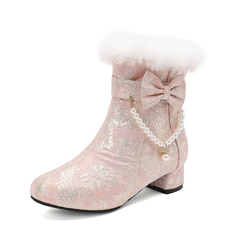 Sweet Chinese Style Jacquard Lolita Ankle Boots Women Chunky Block Heel Bowknot Pearl Chain Decor Short Booties Fashion Shoes