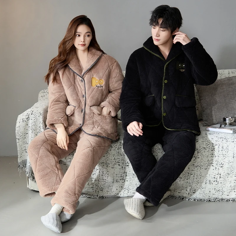 Winter 3 Layer Clip Cotton Couple Pajama Sets Thick Warm Homewear Clothing Leisure Soft Knited Cotton Lovers Sleepwear M-3XL