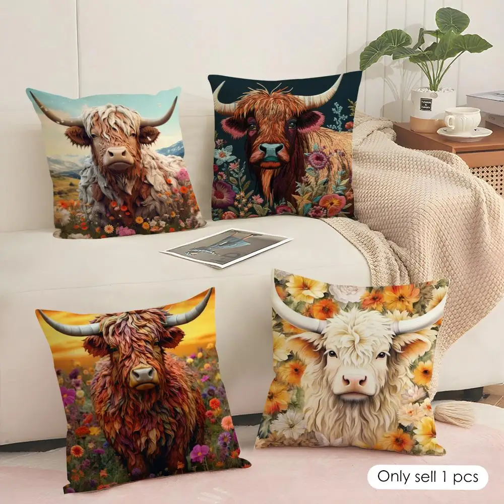 Vibrant Highland Cow Pattern Cushion Cover Silky Short Plush Sofa Pillow Cover Hidden Zipper Soft Dustproof Case for Home Decor