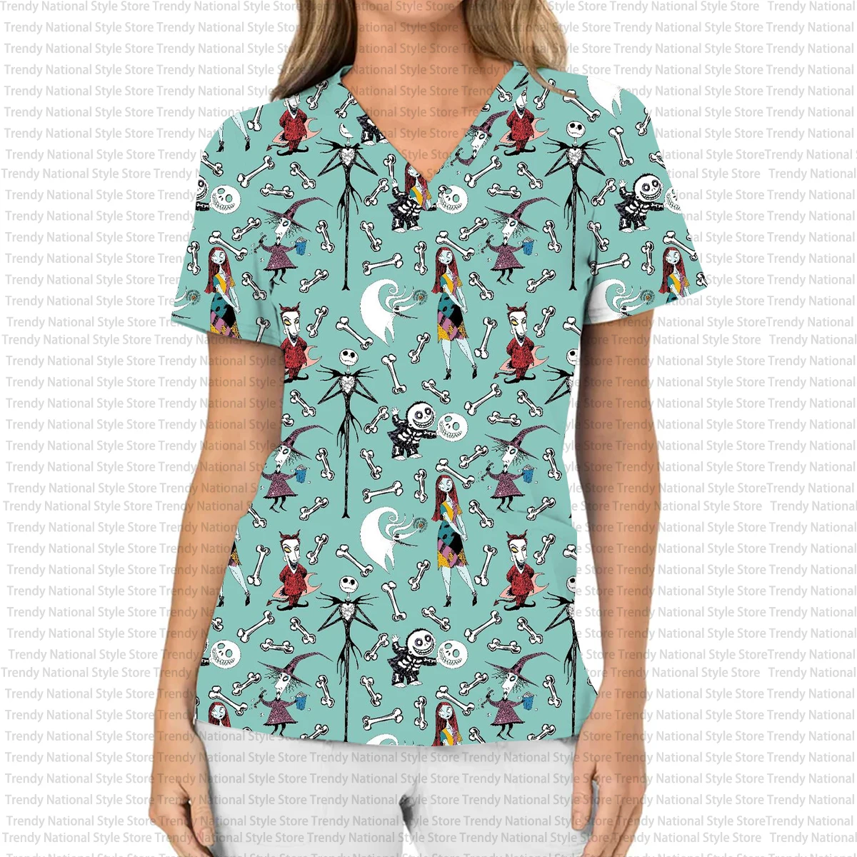 Halloween Nightmare Before Christmas Jack & Sally Print Women's T-shirt V-neck Pocket Scrub Top Dental Beauty Salon Pet Shop Top