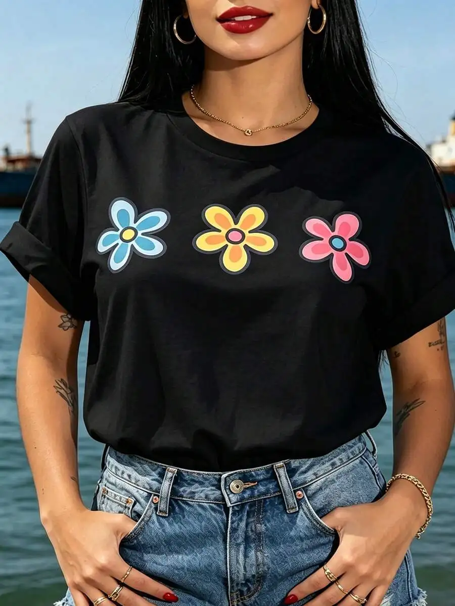 Women's Casual Summer Daily T-Shirt, Crew Neck Short Sleeve Regular Fit Tee With Three Small Floral Print, Comfortable Elastic Fabric, Simple Everyday Outfit & Minimalist Gift Idea
