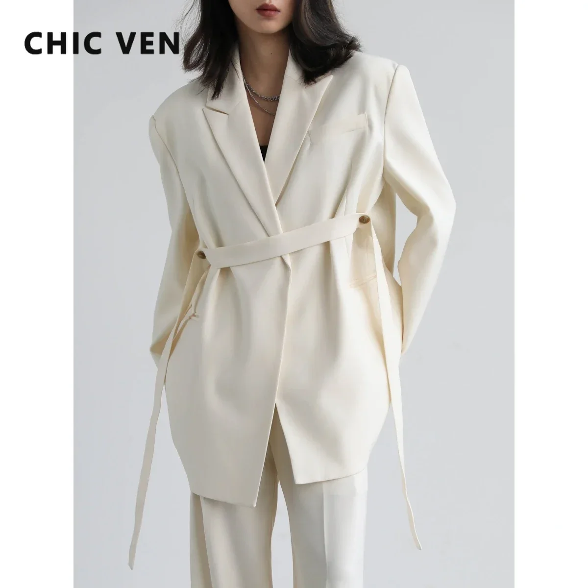 CHIC VEN Women Blazer Design Wide Shoulder Ribbon Solid Women\'s Medium Long Coat Office Lady Female Overcoat Spring Autumn 2022