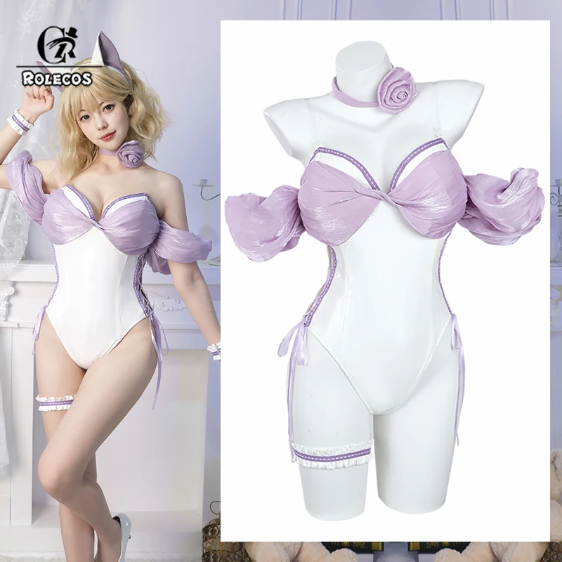 

ROLECOS Original Sexy Cat Bunny Suit Cosplay Costume Japanese Party Women White Purple Dress Jumpsuit Outfit Halloween Fullset
