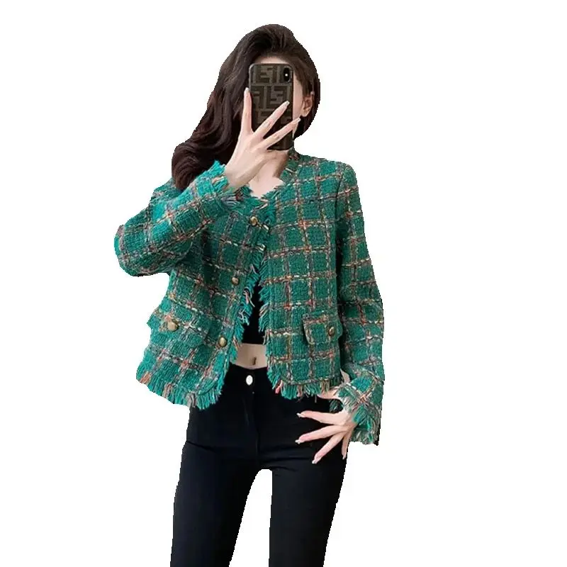 Retro Green Small Fragrant Style Coat for Women 2025 Spring Autumn Fashion Versatile Short Check Tweed Woolen Coat Jacket